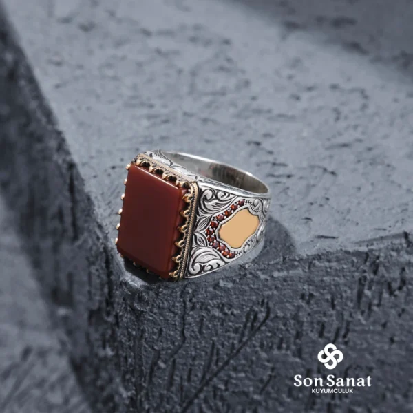 Kare Gravür Akik Gümüş Yüzük