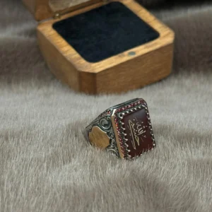 Kırmızı Akik Hasbinallah Gümüş Erkek Yüzük