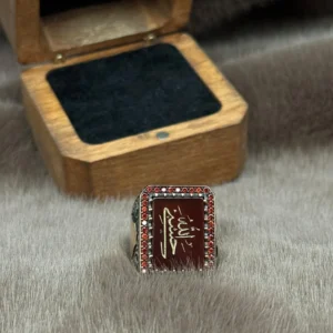 Kırmızı Akik Hasbinallah Gümüş Erkek Yüzük