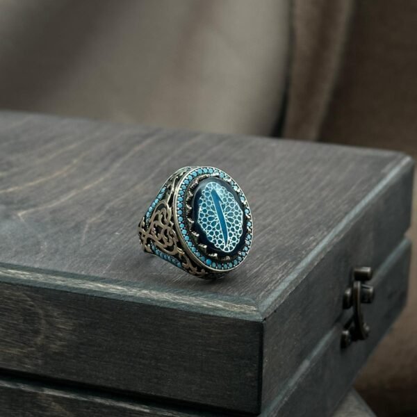 Elif İşlemeli ve Motifli Erkek Gümüş Yüzük