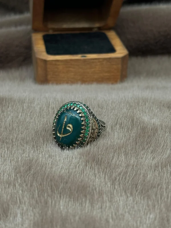 Oval Yeşil Akik Üzerine Elif vav Gümüş Erkek Yüzük