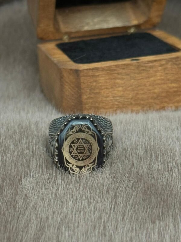 Kehribar Hz Süleyman Mührü Gümüş Erkek Yüzük