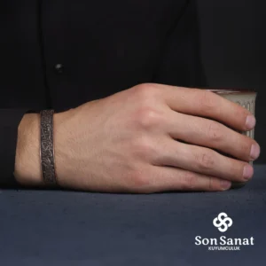 Gravür HasbinAllah Kelepçe Gümüş Bileklik