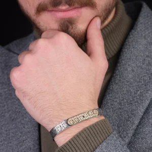 Gravür Motifli Kelepçe Gümüş Bileklik