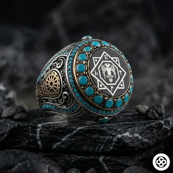 1 Oğuz Kağan Mührü & Firuze Taşlı Gümüş Yüzük