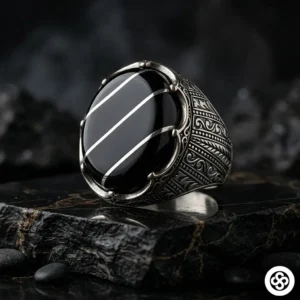 Oval Kehribarlı Gümüş Yarmalı Erkek Yüzük Modeli