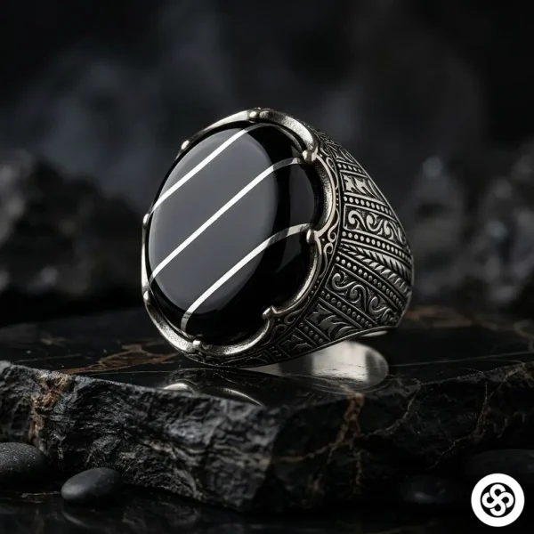 Oval Kehribarlı Gümüş Yarmalı Erkek Yüzük Modeli