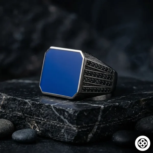 Lacivert Mineli Dikdörtgen Gümüş Yüzük Modeli