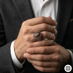 Akik Taşlı La Galibe Yazılı Gümüş Erkek Yüzüğü