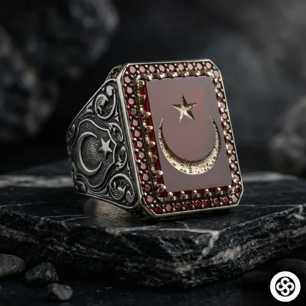 1 Akik Ayyıldız Gümüş Yüzük Modeli