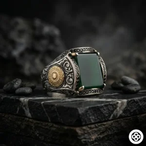 Yeşil Kehribar Taşlı Gümüş Erkek Yüzüğü