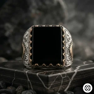 Kare Akik Taşlı 925 Ayar Siyah Taşlı Gümüş Erkek Yüzük