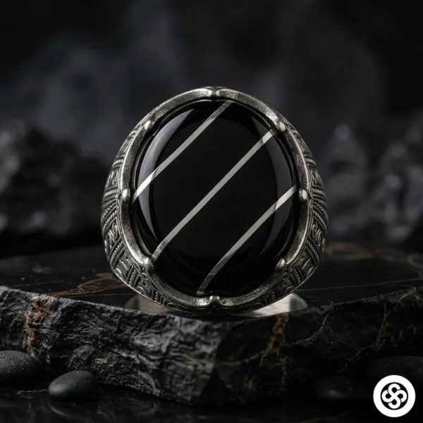 Oval Kehribarlı Gümüş Yarmalı Erkek Yüzük Modeli
