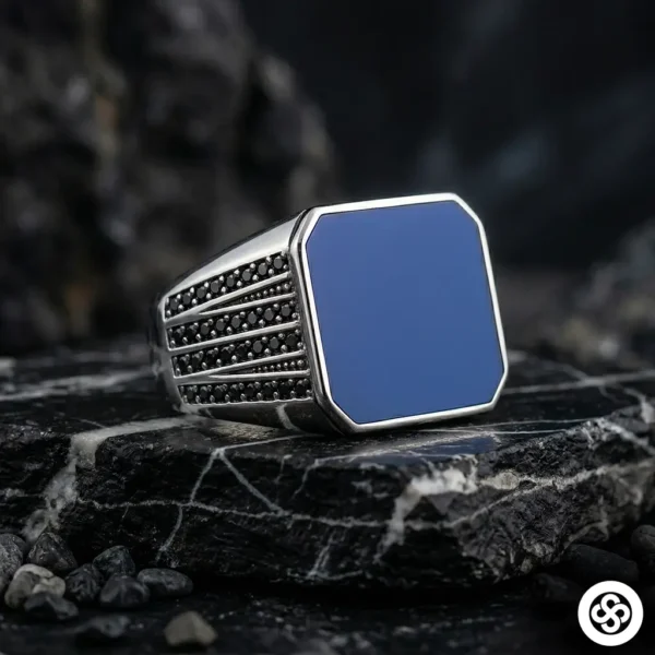 2 Lacivert Mineli Dikdörtgen Gümüş Yüzük Modeli