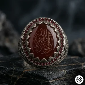 Akik Taşlı La Galibe Yazılı Gümüş Erkek Yüzüğü