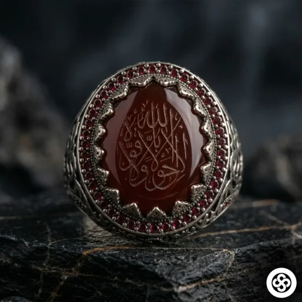 Akik Taşlı La Galibe Yazılı Gümüş Erkek Yüzüğü