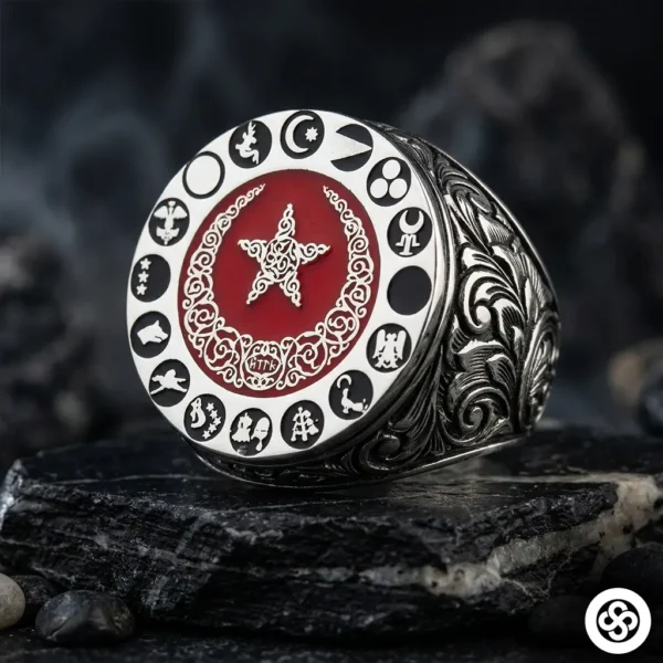 16 Türk Devletli Mineli Gümüş Yüzük