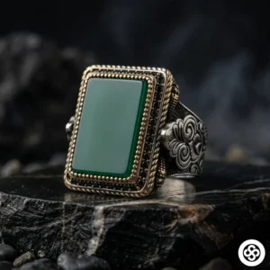 Yeşil Akik Taşlı Gravür Desenli Gümüş Yüzük Modeli