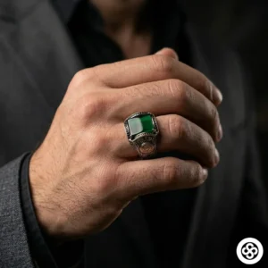 Yeşil Kehribar Taşlı Gümüş Erkek Yüzüğü