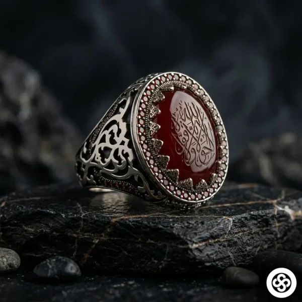 3 Akik Taşlı La Galibe Yazılı Gümüş Erkek Yüzüğü