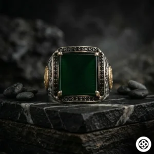 Yeşil Kehribar Taşlı Gümüş Erkek Yüzüğü