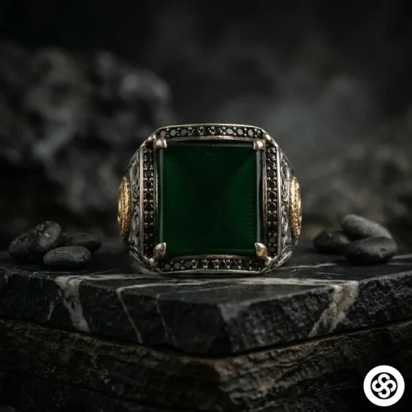 Yeşil Kehribar Taşlı Gümüş Erkek Yüzüğü