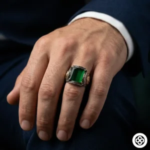 Yeşil Kehribar Taşlı Gümüş Erkek Yüzüğü